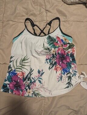Free Country White Floral Tankini with Purple & Teal Accents